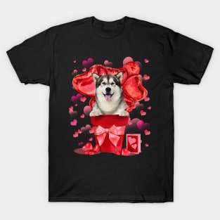 Alaskan Malamutes Dog In Red Pot Happy Valentine's Day T-Shirt